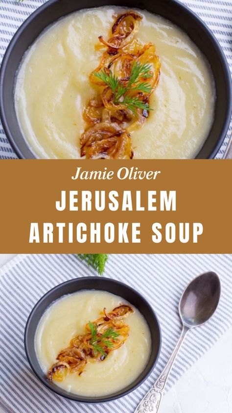 Jamie Oliver Jerusalem Artichoke Soup Artichoke Leek Soup, Sunchoke Recipe, Jamie Oliver Soup, Vegetarian Soups, Artichoke Soup, Fresh Sage, Jamie Oliver Recipes, Artichoke Recipes, Leek Soup