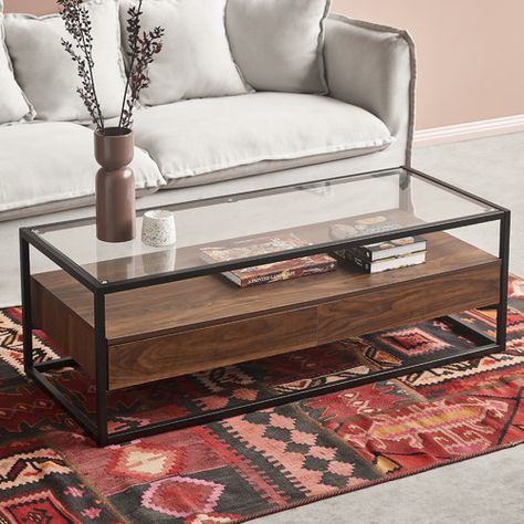 Industrial Modern Coffee Table, Glass Coffee Table With Storage, Glass Display Coffee Table, Rectangle Coffee Table Decor, Glass And Wood Coffee Table, Blue Velvet Sofa Living Room, Glass Coffee Table Decor, Glass Table Living Room, Minimalism Living Room