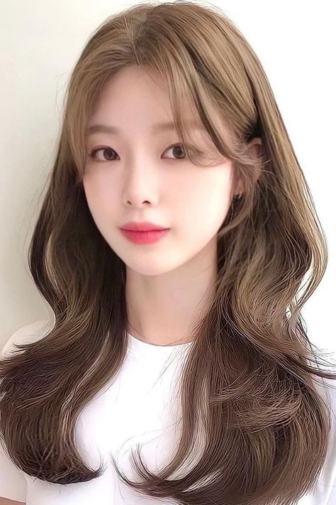 Medium-Length Waves K Drama Hair, Korean Hairstyle Ideas, Soft Brown Hair, Ashy Hair, Asian Skin Tone, Warm Brown Hair, Korean Hairstyles, Korean Haircut, Brown Hair Shades