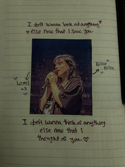 Billie Eilish Notebook Drawing, Billie Eilish Journal Ideas, Billie Eilish Scrapbook, Billie Eilish Journal, Taylor Swift Book, Scrapbook Inspo, Writing Lyrics, Notebook Drawing, Billie Eillish