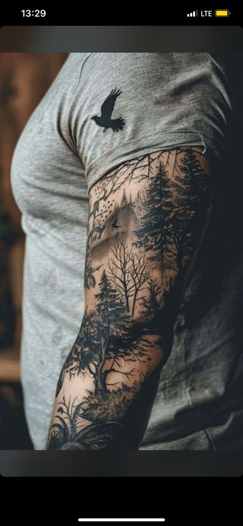 Men Outdoor Tattoo Ideas, Men’s Half Sleeve Tattoo Ideas, Storm Tattoo Men, Nature Sleeve Tattoo For Men, Woodsy Tattoos, Hunting Tattoos For Guys, Outdoor Tattoo, Storm Tattoo, Hunting Tattoos