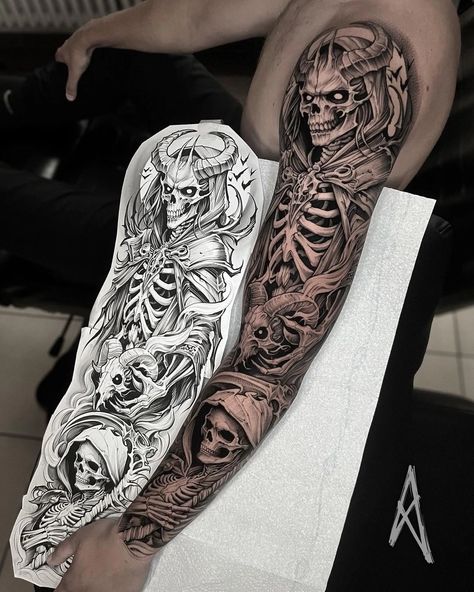 Scary Tattoo Sleeve, Demon Tattoo Sleeve, Mens Full Sleeve Tattoo Ideas, Demonic Tattoos, Sleeves Tattoos, Traditional Tattoo Black And White, Space Tattoo Sleeve, Dark Tattoos, Full Leg Tattoos