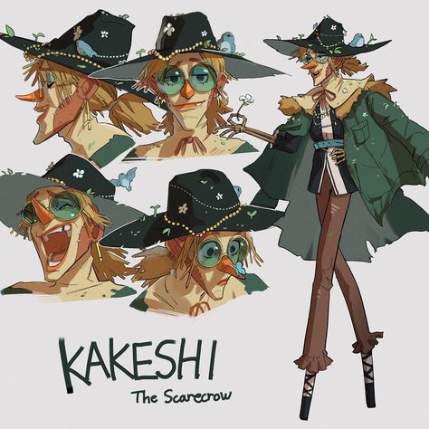 Another character design from my Wizard of Oz project! Kakeshi is a moving scarecrow powered by springs. He dreams of becoming a fashion… Therapist Character Design, Shopkeeper Character Design, Scarecrow Character Design, Scarecrow Oc, Painter Character, Funny Villain, Scarecrow Character, Circus Characters, Really Cool Drawings