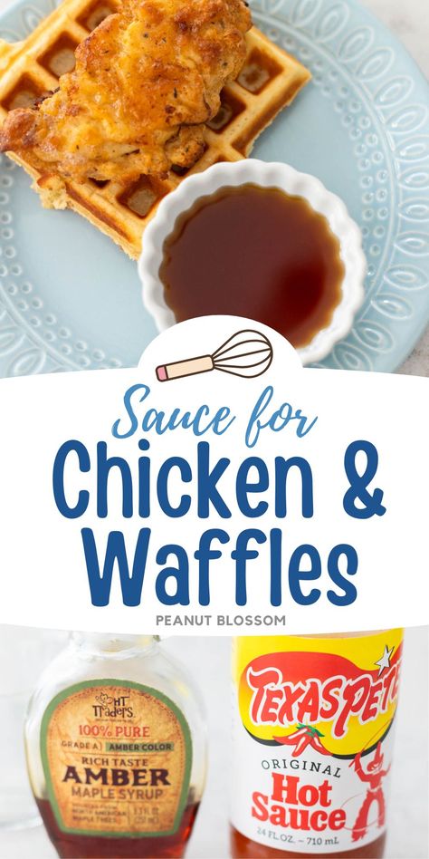 This sweet and spicy sauce for chicken and waffles tastes amazing poured over your favorite breakfast items like pancakes, biscuits and sausage, or even French toast, too. So easy but you'll want to use it again and again. Chicken And Waffle Sauce, Spicy Syrup For Chicken And Waffles, Chicken And Waffles Sauce, Sauce For Chicken And Waffles, Best Chicken And Waffles Recipe, Spicy Sauce For Chicken, Best Sauce For Chicken, Chicken And Waffles Recipe, Homemade Buttermilk Pancakes