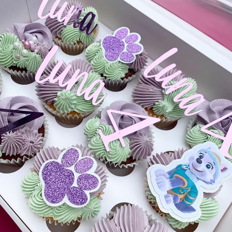 Lilac cupcakes, mint cupcakes, cricut toppers, cupcake toppers, glitter toppers 

Paw patrol Everest cupcakes Paw Decorations, Paw Patrol Cupcakes, Everest Paw Patrol, Tall Cakes, Home Bakery, Buttercream Cake, Paw Patrol, Sprinkles, Butter Cream