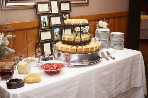 Wedding cheesecake bar with many toppings. Cheesecake Buffet Wedding, Grooms Cheesecake Table Ideas, Cheesecake Bars Wedding, Cheesecake Bar At Wedding, Mini Cheesecake Bar Wedding, Build Your Own Cheesecake Bar, Cheesecake Bar Wedding Ideas, Cheesecake Toppings Bar Ideas, Cheesecake Station Wedding