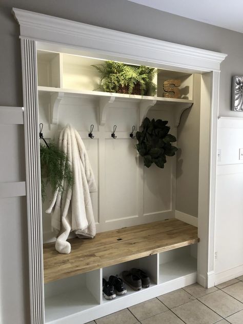 Bench Cubby Entryway, Entry Way Closet Makeover Bifold, Open Doorway Ideas, Entry Closet Makeover, Mudroom Closet Makeover, Front Hall Closet, Alcove Storage, Small Mudroom Ideas, Mudroom Remodel