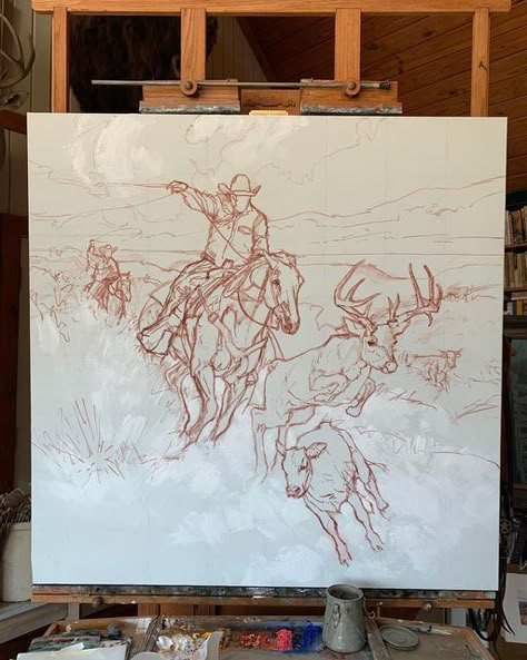 Western Contemporary Art, Mountain Cowboy Aesthetic, Cowboy Paintings Western, Old Western Art, Country Art Paintings, Western Art Projects, Western Sketches, Cowboy Paintings, Western Drawings