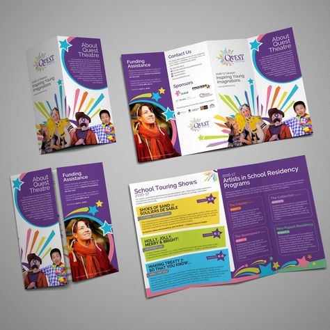 Quest Theatre brochure Kids Brochures, Education Brochures, School Brochure, Theatre School, Brochure Design Layout, Template Brochure, Leaflet Design, Booklet Design, Brochure Layout