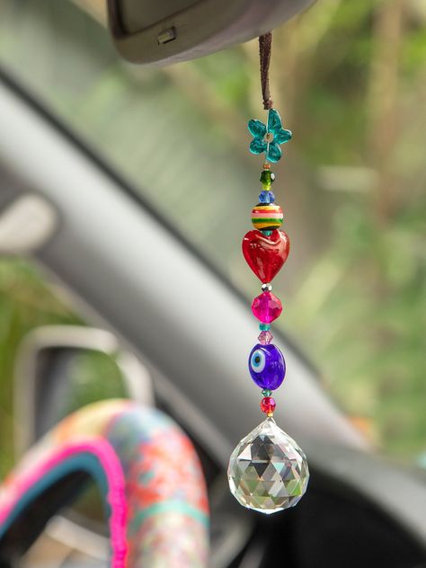 Beaded Car Charms, Car Hangers, Crochet Car, Beaded Heart, Car Charms Mirror, Mirror Hangers, Rear View Mirror Charm, Car Gifts, Tiny Treasures