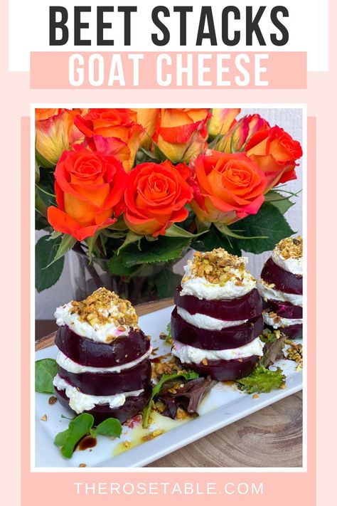 Delicious Goat Cheese Beet Stacks with whipped goat cheese and finely chopped pistachios. EASY recipe. Goat Cheese Beets, Beet And Goat Cheese Appetizer, Beetroot And Goats Cheese, Beets And Goat Cheese, Cheese Ball Bites, Goat Cheese Appetizer, Beet And Goat Cheese, Dinner Party Dishes, Whipped Goat Cheese