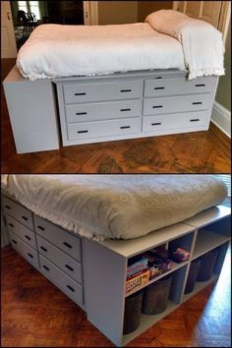 DIY Platform Beds - Dresser Platform Bed - Easy Do It Yourself Bed Projects - Step by Step Tutorials for Bedroom Furniture - Learn How To Make Twin, Full, King and Queen Size Platforms - With Headboard, Storage, Drawers, Made from Pallets - Cheap Ideas You Can Make on a Budget http://diyjoy.com/diy-platform-beds Space Saving Dresser, Beautiful Bed Designs, Diy Storage Bed, Basement Room, Murphy Bed Ikea, Diy Platform Bed, Pallet Beds, Basement Bedroom, Fun Furniture