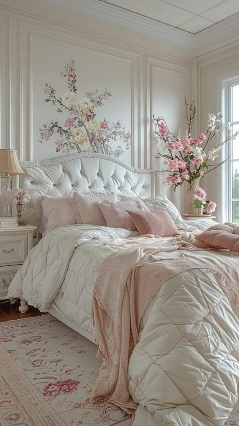 Bedroom Ideas With Flowers, Girly Floral Bedroom, Corner Window Bedroom, Classy Room Decor, Window Bedroom, Feminine Decor, Casa Country, Pinterest Room Decor, Dream House Rooms