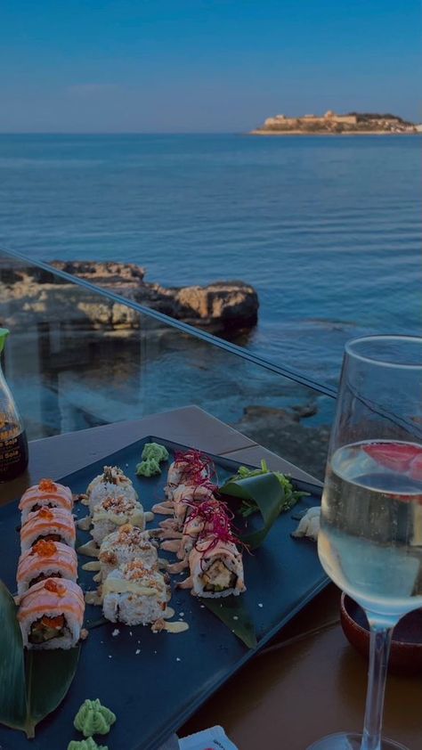 Sushi Asthetic Picture, Aesthetic Sushi Pictures, Greek Islands Aesthetic, Dinner Aesthetic Restaurant, Greek Island Aesthetic, Book Marathon, Sushi Pictures, Aesthetic Sushi, California Roll Sushi