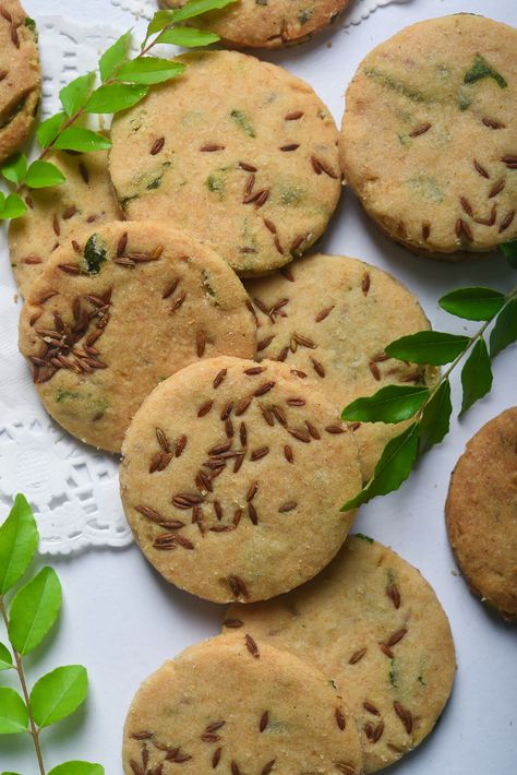 Kari Patta Jeera Biscuits  – 2 Bliss of Baking Healthy Oat Cookies, Bourbon Biscuits, Eggless Baking, Tea Biscuits, Buttery Biscuits, Oat Cookies, Savoury Baking, Healthy Cookies, Shaped Cookie