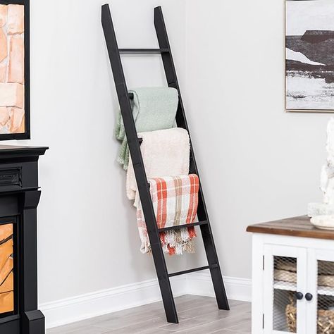 Blanket Ladder for Living Room and Bedroom, 6-Tier Wall Leaning Laminate Snag Free Construction (Black) Rustic Decorative Farmhouse Blanket Storage, Quilt Rack, Ladder Shelf, Easy Assembly Display Blankets, Organize Towels, Farmhouse Blanket, Farmhouse Blankets, Painted Ladder, Quilt Rack, Blanket Ladder, Cat Bed Furniture, Space Room