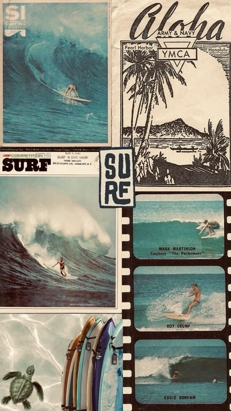 Ripcurl Wallpapers, Vintage Surf Wallpaper, Surfing Collage, Surfs Up Wallpaper, Retro Surf Aesthetic, Beachy Photo Wall, Surf Slang, Surfer Wallpaper, Vintage Beach Aesthetic