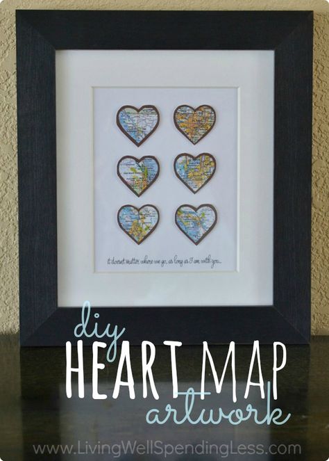 DIY Heart Map Art | DIY Crafts | Map Art Ideas | HEart Map Map Art Projects, Map Heart Art, Handmade Anniversary Gifts, Map Crafts, Diy Heart, Heart Map, Diy Gifts For Mom, Map Artwork, Valentine's Day Quotes