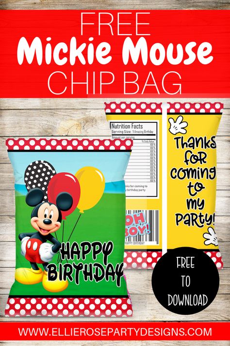 Free Mickey Mouse Chip Bags for you to download.  These are great to as a party favour for your guest to take home or to add lollies or chip bags and add to your dessert table. Mickey Mouse Chip Bags, Mickie Mouse Party, Mickey Mouse Party Food, Friends Printables, Mickey Mouse Party Favors, Mickey Mouse Printables, Mickey Invitations, Mickey Mouse Centerpiece, Ellie Rose