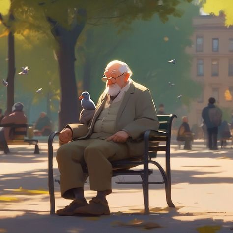 there is a painting of an old man sitting on park chair with a pigeon on shoulder, New York City park, concept art of single boy, sergey kolesov, animated film, concept art for movie, in style of atey ghailan, pixar concept art, by Goro Fujita, atey ghailan 8 k, animated film still, animated movie still, inspired by Atey Ghailan Atey Ghailan Art, Old Man Character Design Concept Art, Old Man Concept Art, Old Man Animation, Pixar Art Style, Old Man Character Design, Old Man Illustration, Old Man Sketch, Park Concept Art