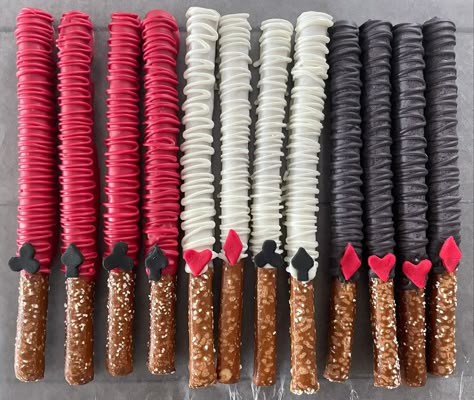 This listing is for one dozen (12) casino themed / poker chocolate covered pretzel rods.  Each comes individually wrapped in a cello bag and tied with red and black ribbon. IN NOTES TO SELLER: - - please leave the date of your event  - Different color ribbon if you don't want red and black  Matching oreos and rice crispy treats are also available in my store  I ship according to your event date in order to guarantee a fresh product. Usually on Monday via USPS Priority Mail 2-3day   Warm climate Poker Party Food Ideas, Casino Theme Party Treats, Casino Themed Bachelorette Party, Classy Casino Party, Red Color Theme Party, Casino Birthday Party Decorations, Casino Theme Strawberries, Casino Theme 21st Birthday Party, Red Party Snacks