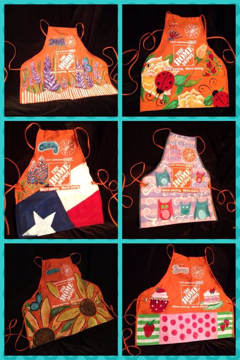 Home Depot Aprons by Courtney Rogers  PAGE www.facebook.com/lilmisstexan Apron Decorating Ideas, Home Depot Apron Art, Home Depot Apron, Home Depot Projects, Apron Art, Cookie Booth, Home Depot Paint, Apron Ideas, Painting Apron