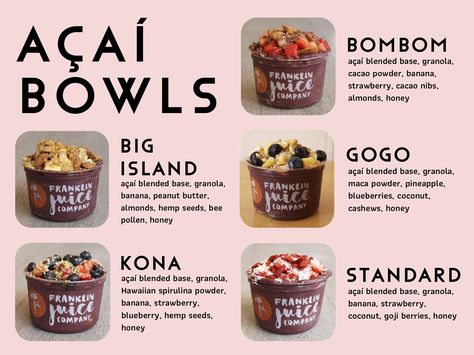 Smoothie Bowl Menu Design, Acai Bar Ideas, Healthy Cafe Menu Ideas, Smoothie Bar Ideas Design, Acai Cafe Design, Acai Bar Design, Acai Bowl Branding, Acai Bowl Shop Design, Smoothie Bowl Business