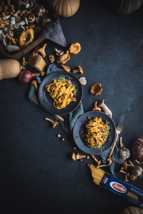 Creamy Squash and Hazelnut Fettuccine with Sautéed Mushrooms | Adventures in Cooking Creamy Squash, Vegetarian Recipes For One, Squash Roasted, Rustic Food Photography, Roasted Hazelnuts, Barilla Pasta, Moody Food Photography, Best Pasta Dishes, Sautéed Mushrooms