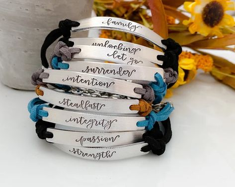 Bracelet Sayings Words, Bracelet Sayings, Stamping Metal, Word Bracelets, Washer Bracelet, Woodburning Ideas, Jewelry Stamping, Washer Jewelry, Remembrance Necklaces