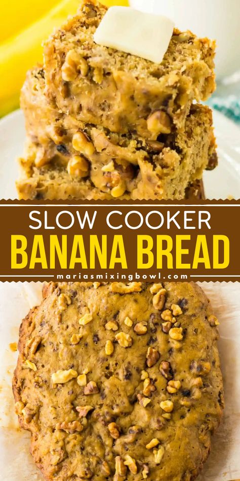 It doesn't get any better than this Slow Cooker Banana Bread! Moist and tender with the crunch of chopped walnuts, this crockpot recipe is a perfect back to school food idea. Enjoy this breakfast idea for school mornings! Crock Pot Banana Bread, Crockpot Banana Bread, Back To School Food, Slow Cooker Banana Bread, Crockpot Bread, Banana Bread Moist, Idea For School, Best Homemade Bread Recipe, Slow Cooker Bread