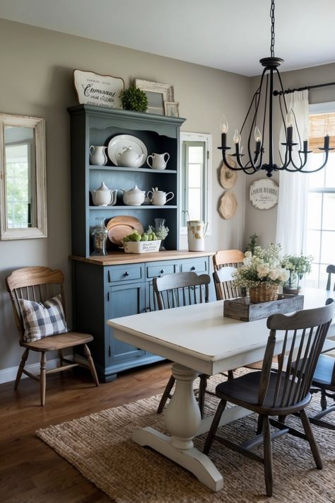 29 cozy country dining room ideas showcasing rustic decor, wooden furniture, and charming accents. Perfect for creating warm spaces for family and friends. Farmhouse Buffet Decor, Country Dining Room Ideas, Cottagecore Dining Room, Farmhouse Table And Chairs, Blue Dining Room Walls, Cottage Style Dining Room, Hutch Ideas, Country Dining Room, Farmhouse Buffet