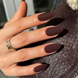 Gel Nails Dark, Dark Brown Acrylic, Short Fall Nail Designs, Matte Almond Nails, Short Fall Nail, Almond Press On Nails, Nails Dark, Press On Nails Medium, Brown Acrylic