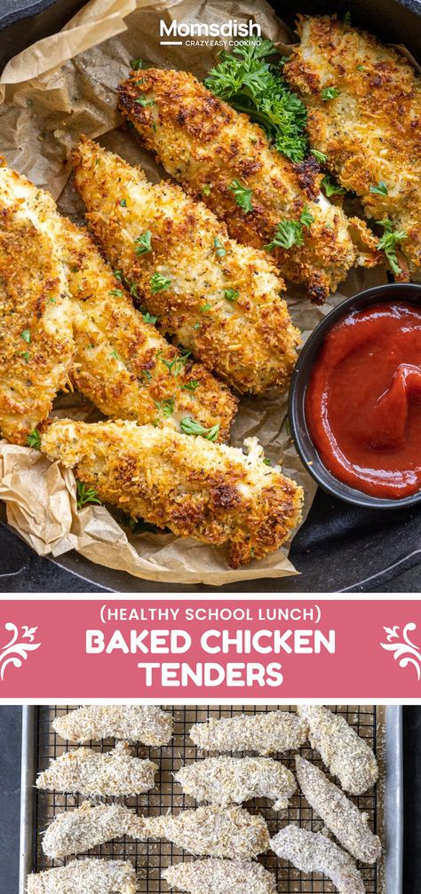 These chicken tenders are made by dipping chicken in a garlic-flour, egg, and parmesan-panko mixture, then baking to crispy, golden perfection. Panko Chicken Tenders, Baked Chicken Tenderloins, Chicken Tender Recipes Baked, Easy Summer Meal, Oven Baked Chicken Tenders, Baked Breaded Chicken, Simple Side Dishes, Panko Chicken, Breaded Chicken Tenders