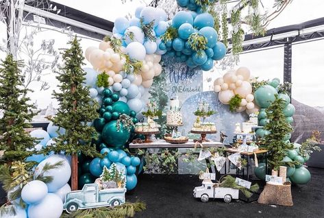 Winter Balloon Garland Backdrop, Adventure Theme Balloon Arch, Adventure Awaits Balloon Arch, Baby It’s Cold Outside Balloon Garland, Winter Onederland Birthday Party Boy, Winter Baby Birthday Party, Winter Baby Birthday, Winter Birthday Themes, Winter Wonderland Christmas Party