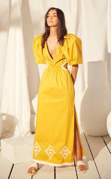 Yellow Intricately Embroidered Summer Sets, Luxury Yellow Cotton Dress, Plus Size Women Fashion, Johanna Ortiz Swimwear, Moda Operandi Short Dress, Johanna Ortiz Moda Operandi, Embroidered Silk Dresses, Ruffled Silk Dress, Plisse Dress