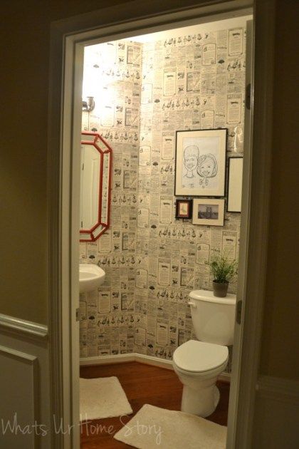 Whats Ur Home Story: Wall paper powder room, newspaper wall paper, wall paper direct , diy powder room makeover Newspaper Wallpaper Bathroom, Diy Powder Room Makeover, Diy Powder Room, Newspaper Wallpaper, Wallpaper Powder Room, Second Bathroom, Newspaper Wall, Tape Wall, Diy Home Gym