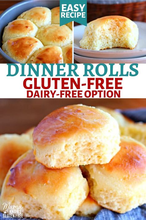 An easy recipe for gluten-free rolls that are soft and tasty! Make homemade gluten-free dinner rolls in only a few steps. This gluten-free yeast roll recipe also has a dairy-free option. #glutenfreerecipe #dairyfree Gluten Free Yeast Rolls, Gluten Free Dairy Free Dinner, Gluten Free Dinner Rolls, Gluten Free Rolls, Dairy Free Bread, Gluten Free Yeast Free, Dairy Free Snacks, Pan Sin Gluten, Gluten Free Buns