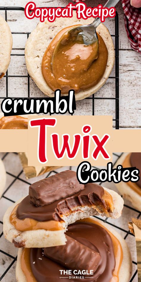 Crumbl Cookie Twix Copycat, Twix Stuffed Cookies, Twix Crumble Cookie Copycat Recipe, Copycat Twix Crumbl Cookies, Crumbl Twix Cookie Recipe, Twix Recipe Desserts, Copycat Crumbl Cookie Recipe, Twix Cookie Recipe, Crumble Cookie Copycat Recipe