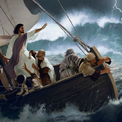 Jesus Calms The Storm, Bible Artwork, Bible Photos, Jesus Christ Painting, Pictures Of Christ, Bible Illustrations, Jesus Christ Art, Bible Pictures, Prophetic Art