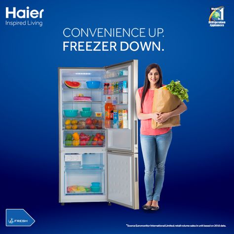 #Haier #BotomMountedRefrigerator: Eliminate bending by 90% and  use your #refrigerator with great convenience!   #HaierIndia #Technology #Appliances #InspiredLiving #Innovation #Fridge #Refrigerators #Haier Haier Fridge Refrigerators, Fridge Poster Design, Haier Refrigerator, Creative Poster, Creative Poster Design, Inspired Living, Creative Posters, Creative Ads, Ads Creative