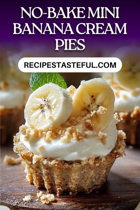 These No-Bake Mini Banana Cream Pies are a delightful, easy-to-make dessert featuring a creamy banana filling nestled in a crunchy graham cracker crust. Perfect for parties or family gatherings, these individual pies are sure to impress! Banana Cream Pie Bites, Banana Toffee Pie, No Bake Mini Banana Cream Pie, Mini Banana Cream Pies, Mini Banana Cream Pie Cups, Mini Banana Cream Pie, No Bake Banana Cream Pie, Banana Filling, Banana Desserts