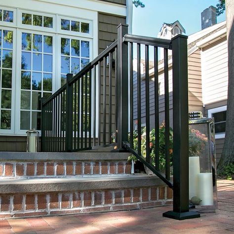 Freedom VersaRail Cambridge 6-ft x 3-in x 3-ft Matte Black Aluminum Deck Stair Rail Kit Square Balusters Included (Assembly Required) in the Deck Railing department at Lowes.com Black Porch Railing, Stair Railing Exterior, Deck Stair Railing Ideas, Stair Railing Height, Stair Railing Diy, Iron Railing Exterior, Railing Exterior, Wrought Iron Railing Exterior, Black Porch