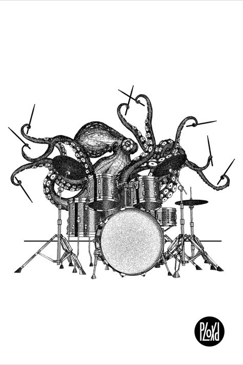 Drumming Tattoos, Drummer Sketch, Drums Sketch, Cross Hatching Art, Drummer Drawing, Drums Drawing, Octopus Gifts, Drums Aesthetic, Hatching Art