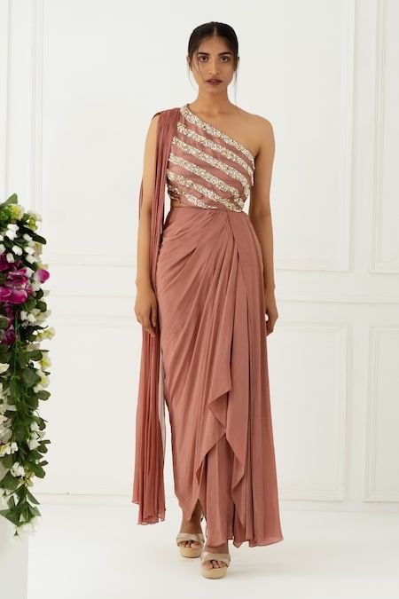 Buy Pink Crepe Embroidery One Shoulder Draped Gown For Women by Nidhika Shekhar Online at Aza Fashions. डिजाइनर कपड़े, Draped Gown, Gown For Women, Drape Gowns, Saree Gown, Indo Western Dress, New Address, One Shoulder Gown, Designer Party Wear Dresses