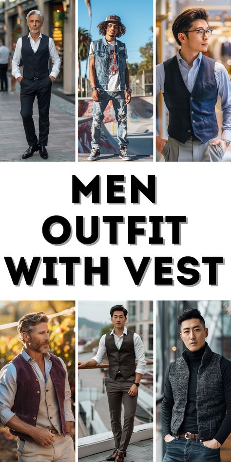 26 Inspiring men outfit with vest ideas for casual elegant and smart casual styles in mens fashion Semi Formal Men Outfit, Waistcoat Men Casual, Semi Formal Men, Outfits With Vest, Outfit With Vest, Men Vest Outfits, Vest And Jeans, Vest Ideas, Mens Work Outfits