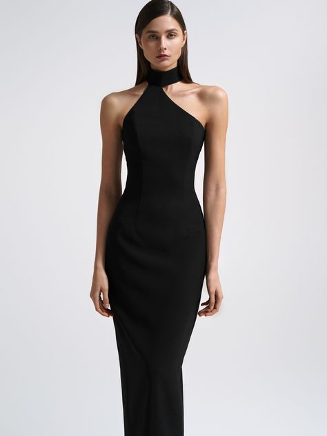 Assymetrical halter-neck midi dress - Namelazz Official Online Store Assymetrical Sleeve Dress, Assymetrical Dress Classy, Halter Neck Black Dress, Black Halter Neck Dress, Prom Pose, High Neck Black Dress, Dinner Dresses, Cross Front Dress, Elegant Girls