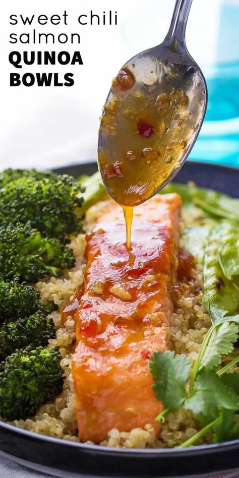 Sweet Chili Salmon & Broccoli Quinoa Bowl Broccoli Quinoa Bowl, Sweet Chili Salmon, Chili Salmon, Salmon Broccoli, Broccoli Quinoa, Salmon Quinoa, Salmon And Broccoli, Quinoa Bowls, Healthy Dinner Recipe