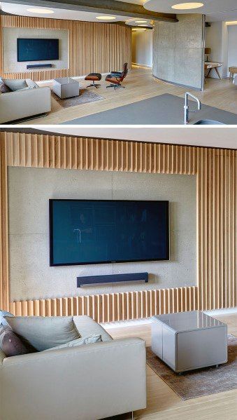 Natural Wood Slats Vertical Modern Design Ideas For Television Wall Tv Wall Panel, Wood Wall Covering, Deco Tv, Ruang Tv, Wooden Wall Design, Tv Mounted, Tv Wall Decor Ideas, Modern Tv Units, Suport Tv