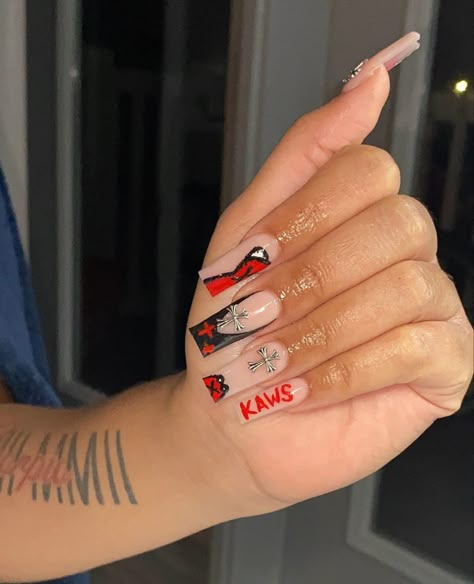 Rod Wave Nail Ideas, Senior Nails Ideas 2024, Red Kaws Nails, Pink Bottom Nails, Virgo Nails Acrylic, Kaw Nails, Acrylic Nails With Bf Initials, Acrylic Toe Nails, Hard Nails