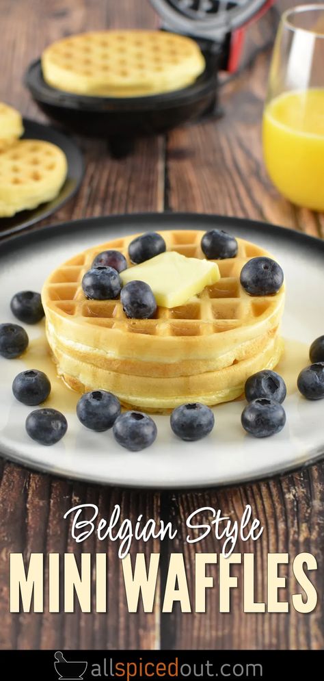 Belgian Style Simple Breakfast Waffles - All Spiced Out Mini Waffle Maker Recipes, Waffle Mix Recipes, Mini Waffles, Mini Breakfast, Belgium Waffles, Buttermilk Waffles, Smart Points Recipes, Blueberry Waffles, Waffle Maker Recipes